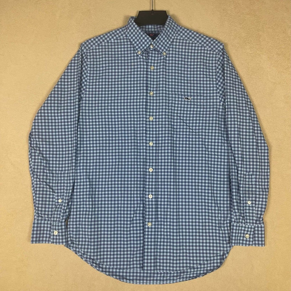 Vineyard Vines Slim Fit Tucker Shirt Mens M Blue Plaid Pocket 100% Nylon